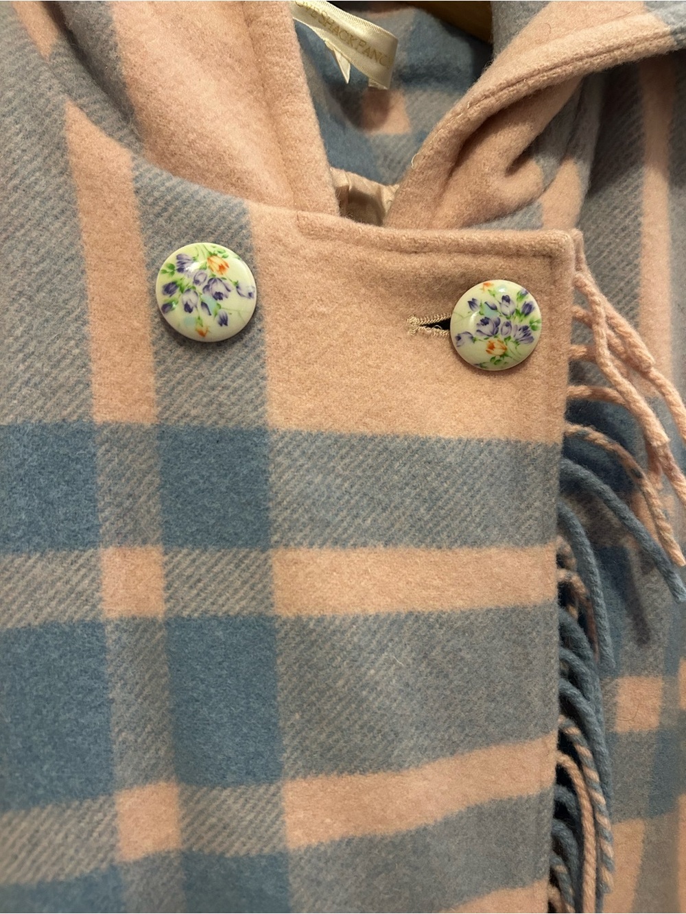 LoveShackFancy Pink and Blue Plaid Hooded Double-Breasted Pea Coat - Picture 4 of 4